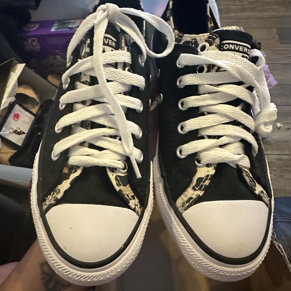 NEW - Youth size 2 black converse with leopard trim